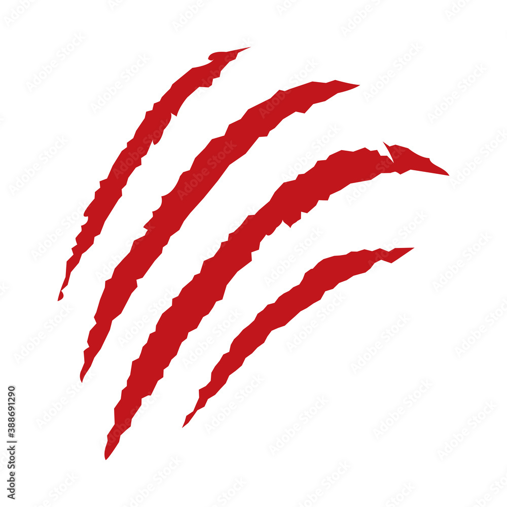 Obraz premium Wild animal claws scratches. Bloody claws scratch texture isolated on white background. 