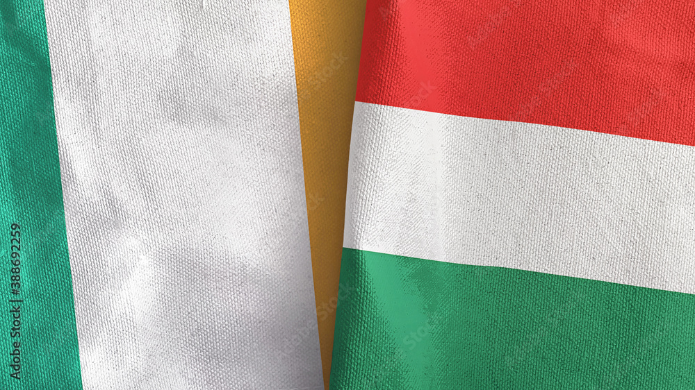 Hungary and Ireland two flags textile cloth 3D rendering