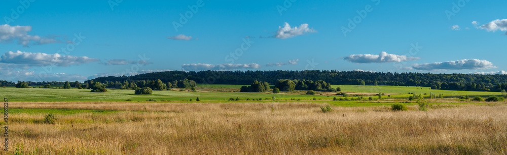 Beautiful landscape view of Mari El expanse at the summertime with forest and fields.