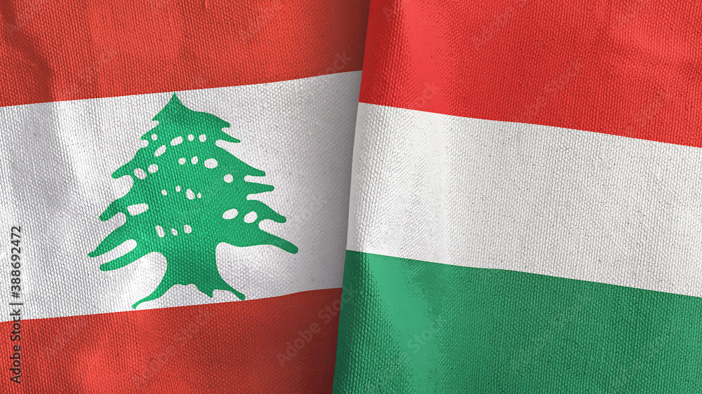 Hungary and Lebanon two flags textile cloth 3D rendering