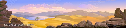 Fotografia Panoramic view of a desert with an oasis in the middle of the sand dunes