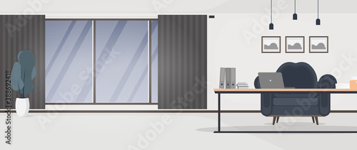 Office with a large panoramic window. A room with a workplace. Office. Table, armchair, laptop, documents, large window. Light colors, loft style. Vector.
