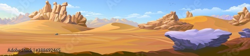 Panoramic view of a desert landscape with a vehicle traveling across the sand dunes.