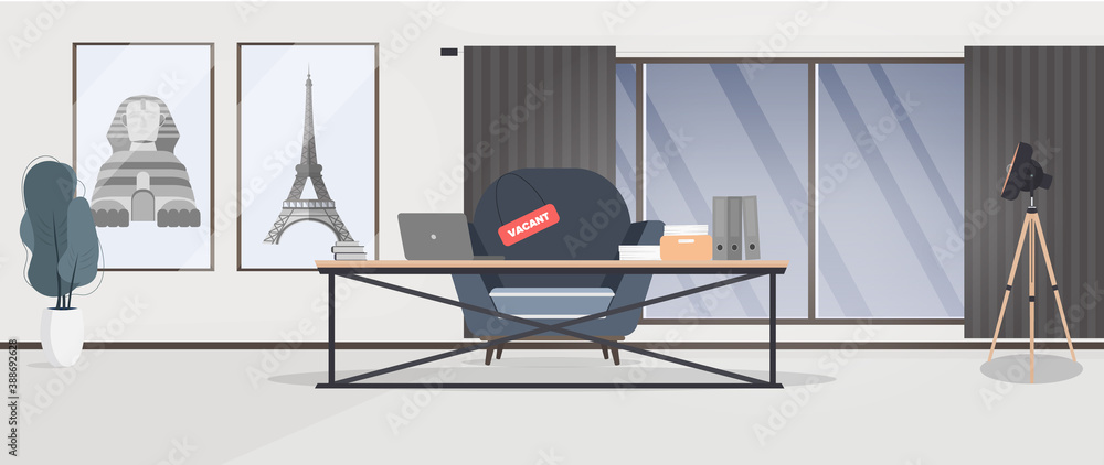 Fototapeta premium Vacant place banner. Search for a leader. Loft style table. Workplace, books, documents, laptop. Vector.