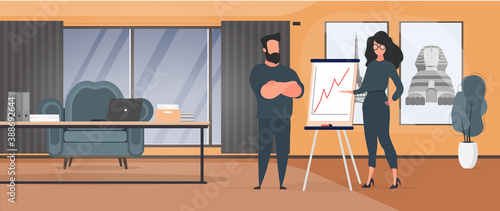 A girl shows a report to the boss. Presentation with positive dynamics. Board for paper. Infographics. Business growth. Vector.