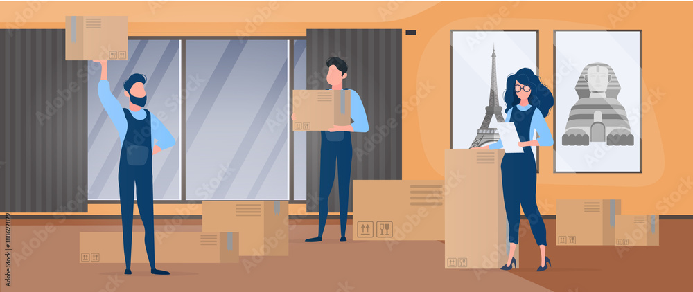 Moving home. Office relocation to a new location. Movers carry boxes. The concept of transportation and delivery of goods. Vector. Moving home. Office relocation to a new location. Movers carry boxes. The concept of transportation and delivery of goods. Vector.