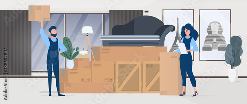 Moving home banner. Moving to a new place. Wooden boxes, cardboard boxes, sofa, houseplant, floor lamp. Vector.