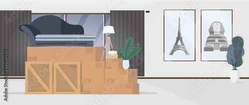 Moving home banner. Moving to a new place. Wooden boxes, cardboard boxes, sofa, houseplant, floor lamp. Vector.