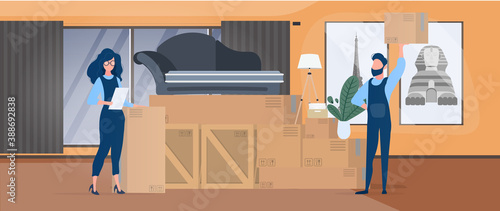 Moving home banner. Moving to a new place. Wooden boxes, cardboard boxes, sofa, houseplant, floor lamp. Vector.