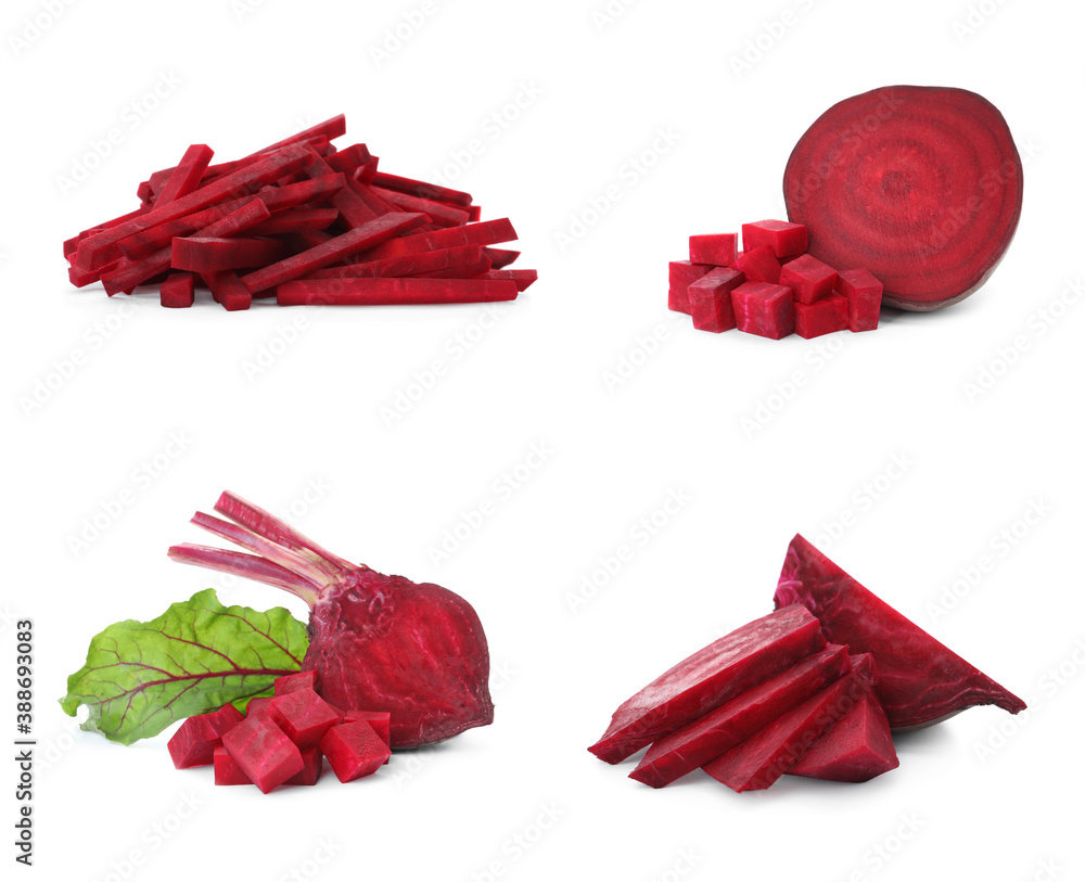 Fototapeta premium Set of cut fresh beets on white background