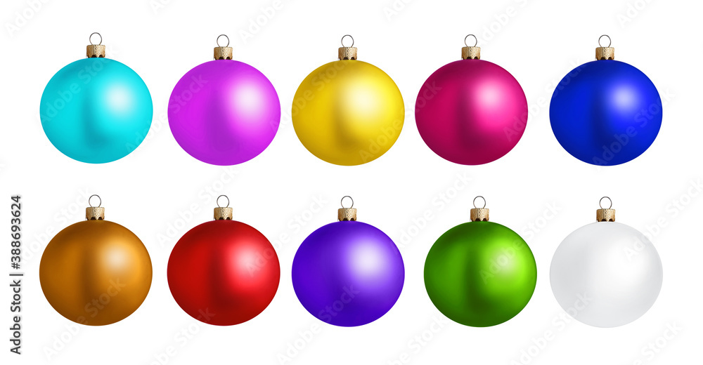 Set of bright Christmas balls on white background. Banner design Set of bright Christmas balls on white background. Banner design