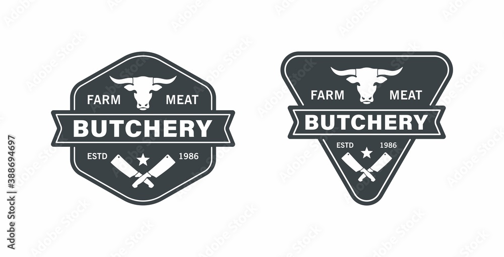Obraz premium Set of black and white illustrations of bull head, crossed knives, star and text on white background.Vector illustration for logo, emblem, sticker.Logo butcher shop, slaughterhouse, farm.