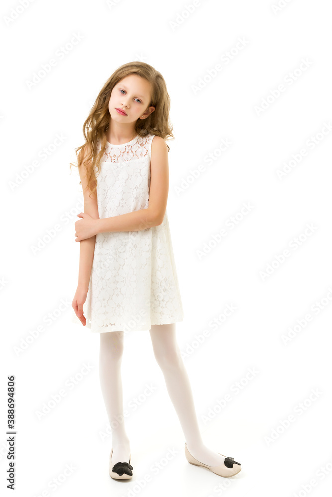 Full Body Length Portrait of Beautiful Girl in White Lace Dress Full Body Length Portrait of Beautiful Girl in White Lace Dress