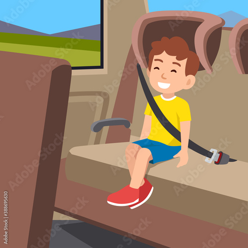 Cute little boy smiling and sitting on the back seat of car flat vector illustration