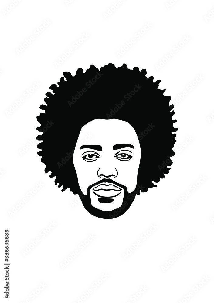 Black afro african american male face portrait vector silhouette with curls hairstyle and beard.Man head drawing of full face isolated on white background.Wall sticker vinyl decal.Print for t shirt.