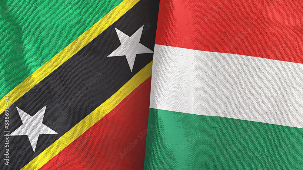 Hungary and Saint Kitts and Nevis two flags textile cloth 3D rendering