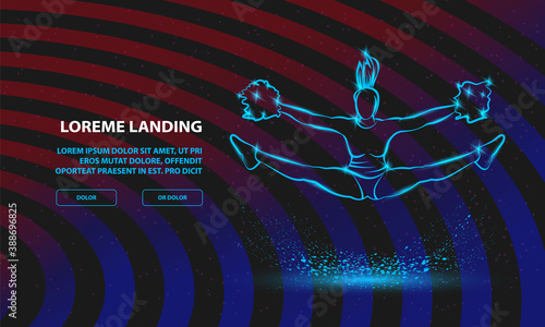 Cheerleader jumps and doing splits with pom poms. Vector Sport Background for Landing Page Template.