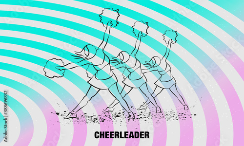 Group of cheerleaders dances with pom poms. Vector outline of sport dance illustration.