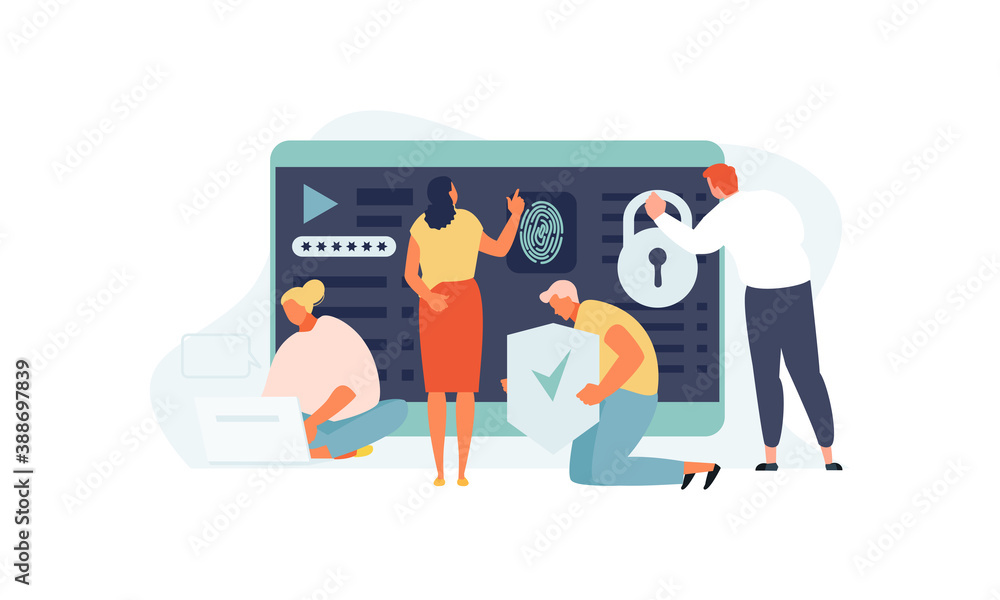 People work with data protection and internet security. Confidentiality, private information and identification concept vector illustration - obrazy, fototapety, plakaty 