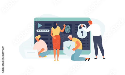 People work with data protection and internet security. Confidentiality, private information and identification concept vector illustration