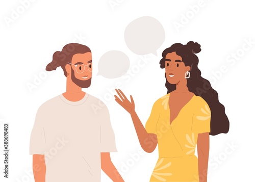 Young couple talking together. People communicating. Positive communication of multinational friends. People conversation with speech bubbles. Flat vector cartoon illustration isolated on white