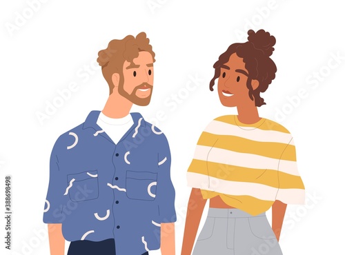 Portrait of young happy couple standing together. Man and woman looking at each other with love. Smiling trendy male and female characters isolated on white. Flat vector cartoon illustration