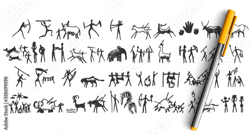 Stone age doodle set. Collection of pencil pen ink hand drawn sketches templates patterns of prehistoric men women hunting cooking and gathering. Cavemen rock painting illustration