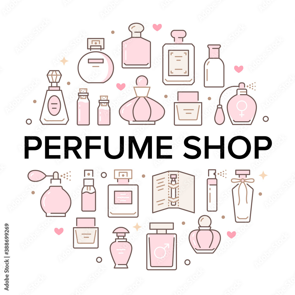 Perfume bottles circle poster with line icons. Vector illustration included icon as glass sprayer, luxury parfum sampler, essential oil, cologne outline pictogram for cosmetic store flyer or brochure Perfume bottles circle poster with line icons. Vector illustration included icon as glass sprayer, luxury parfum sampler, essential oil, cologne outline pictogram for cosmetic store flyer or brochure