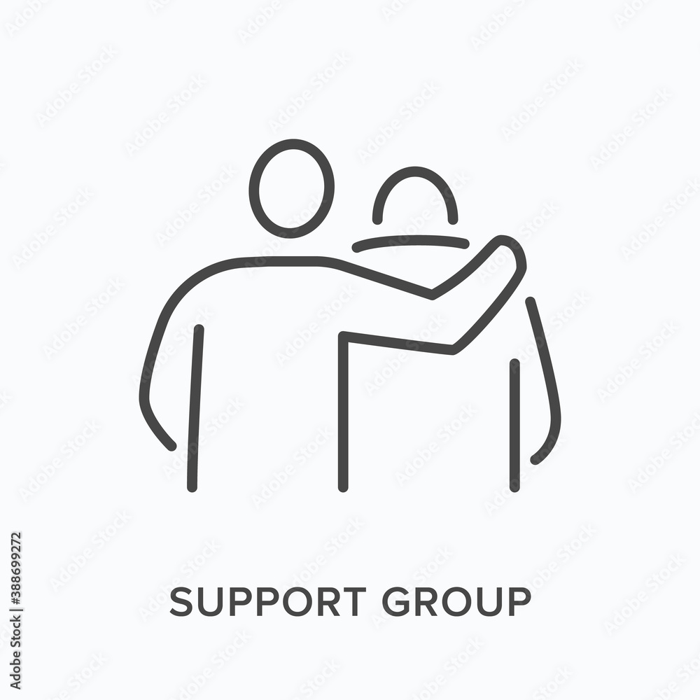 Support group flat line icon. Vector outline illustration of therapy, friendship hug. Man supporting his friend with hand on back thin linear logo Support group flat line icon. Vector outline illustration of therapy, friendship hug. Man supporting his friend with hand on back thin linear logo
