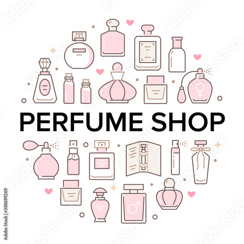 Perfume bottles circle poster with line icons. Vector illustration included icon as glass sprayer, luxury parfum sampler, essential oil, cologne outline pictogram for cosmetic store flyer or brochure