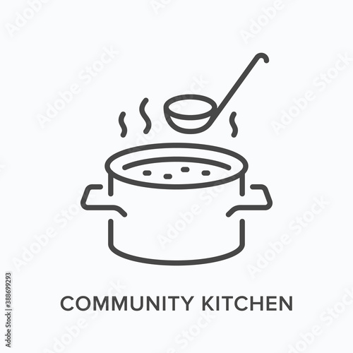 Canteen flat line icon. Vector outline illustration of community kitchen, food charity. Soup in saucepan with steam and ladle thin linear logo