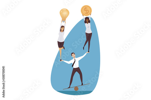 Support, management, leadership, teamwork, business concept. Coworking and team building illustration. Businessman leader balancing holding women partners managers colleagues with light bulb and coin.