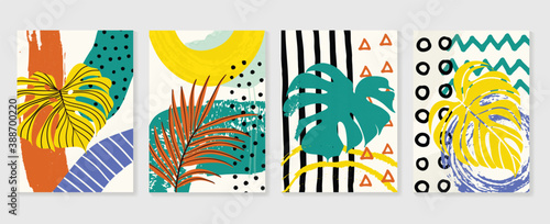 Hand painted illustrations wall arts vector. Surface pattern design. Abstract art textile design with literature or natural tropical line arts painting, Covering greetings cards, cover, print, fabrics