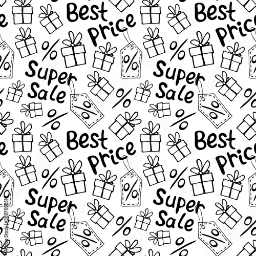 Vector seamless pattern with inscriptions and symbols Sale. Hand drawn background and texture on theme of Black Friday, best price, discounts, shopping and special offers