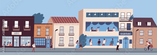 Fototapeta Naklejka Na Ścianę i Meble -  City street panorama with people walking, cycling and spending time in cafe and restaurant. Urban downtown area landscape with buildings facades. Vector illustration in flat cartoon style