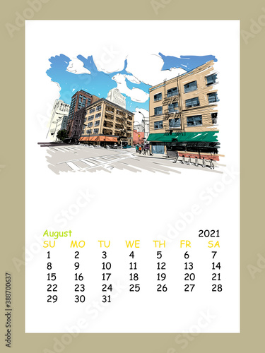 Photography Calendar sheet layout August month 2021 year