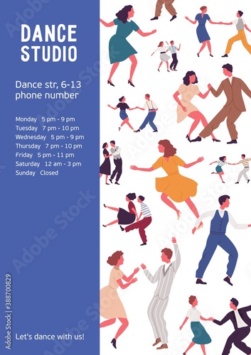 Colorful vertical poster with different couples dancing lindy hop or swing. Advertising for dance studio with a place for text. Vector illustration in flat cartoon style