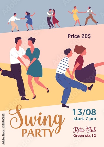 Colorful vertical poster for swing or lindy hop party with different couples dancing. Advertising for retro dance event with a place for text. Vector illustration in flat cartoon style