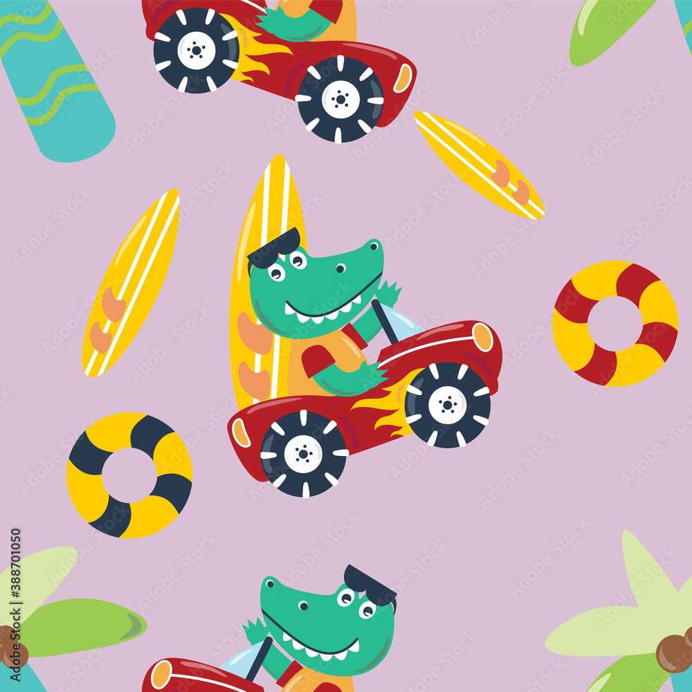 Vector seamless pattern with cute aligator. Creative vector childish background for fabric, textile, nursery wallpaper, poster, card, brochure. Vector illustration background. Vector seamless pattern with cute aligator. Creative vector childish background for fabric, textile, nursery wallpaper, poster, card, brochure. Vector illustration background.