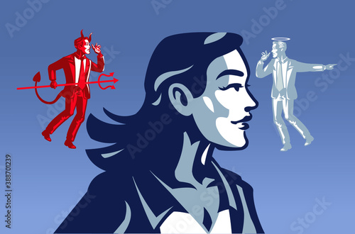 Devil and Saint Whisper to Business Woman Blue Collar Illustration Concept