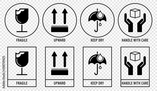 Set of vector badges for marking cargo packaging. Marker - Caution, fragile. Marker - Vertical position. Marker - Keep away from moisture. Marker - Handle with care.
