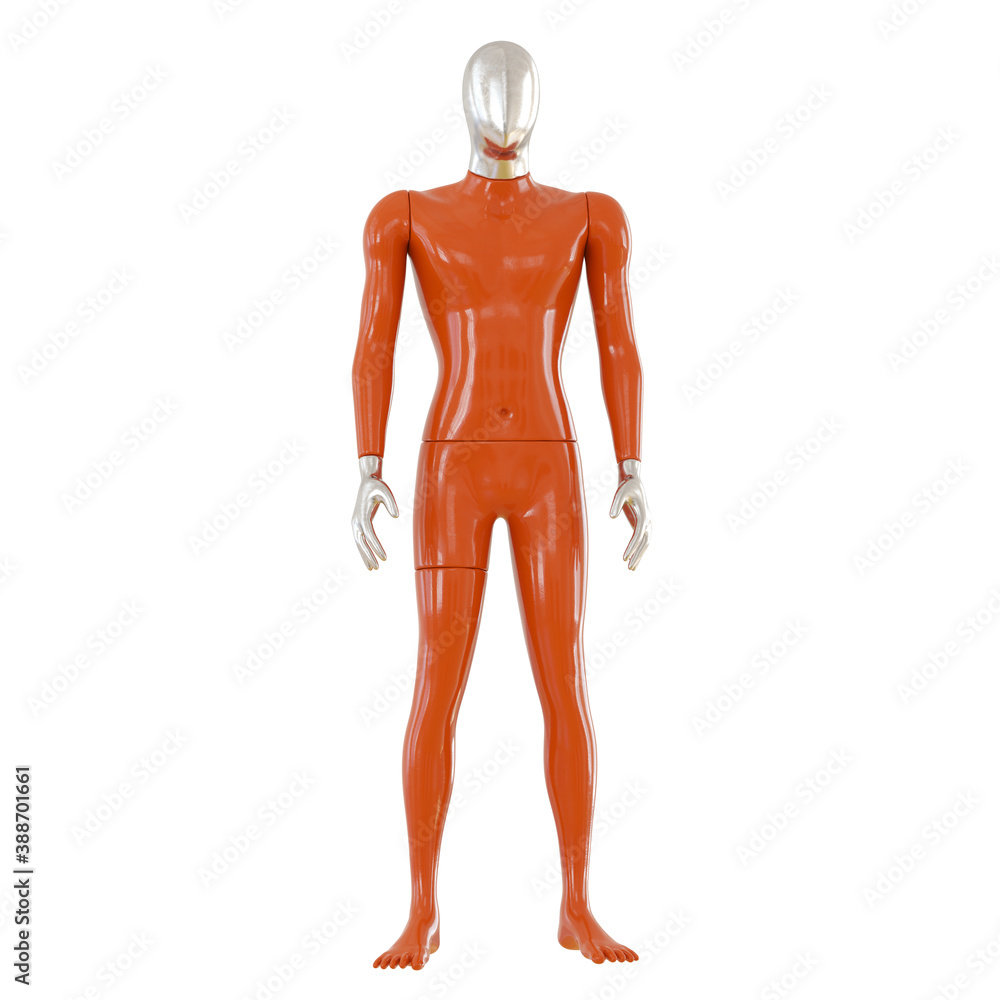 Men's mannequin orange with metallic face and hands. 3d rendering Men's mannequin orange with metallic face and hands. 3d rendering