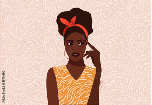 Black girl thinks. Beautiful face, doubts, problems, thoughts, emotions. A curious woman questioning, question mark. Black lives matter concept. Vector illustration