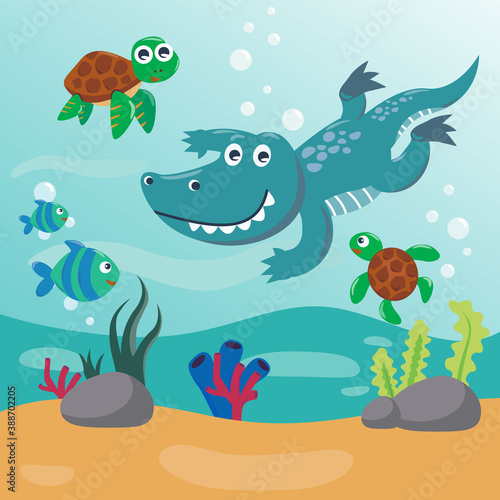 Diving with funny aligator and turtle with cartoon style. Creative vector childish background for fabric, textile, nursery wallpaper, poster, card, brochure. vector illustration background. © Hijaznahwani