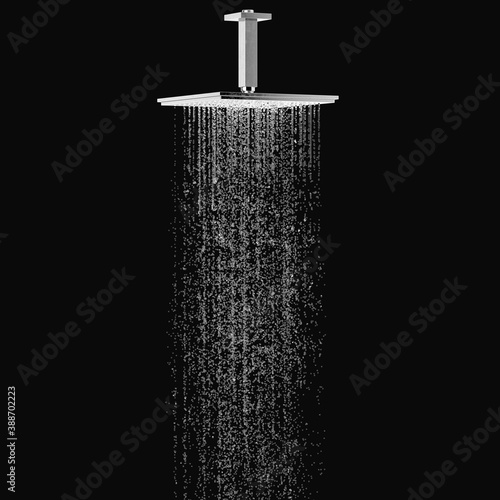 Metal shower with water on on a black background. 3d rendering photo