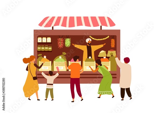 Asian market booth with vendor and buyers isolated on white background. India...