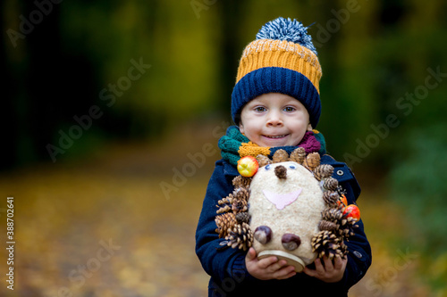 Cute toddler child  boy  playing in park  on sunny autumn day