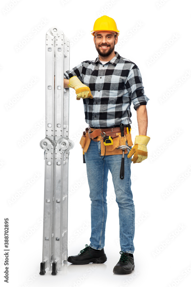 profession, construction and building - happy smiling male worker or builder in helmet and gloves with ladder over white background