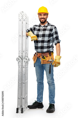profession, construction and building - happy smiling male worker or builder in helmet and gloves with ladder over white background