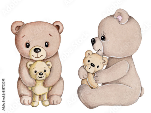 Cute cartoon teddy bear. Watercolor hand drawn sketch, illustration, icon. Isolated on white background. 